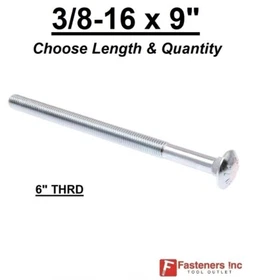 3/8-16 x 9" Carriage Bolts A307 Grade 2 Zinc Plated "Coach Screws" 3/8"-16