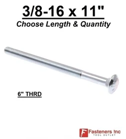 3/8-16 x 11" Carriage Bolts A307 Grade 2 Zinc Plated "Coach Screws" 3/8"-16