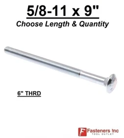 5/8-11 x 9" Carriage Bolts A307 Grade 2 Zinc Plated "Coach Screws" 5/8"-11