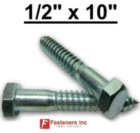 (Choose Qty) 1/2" x 10" Zinc Plated Hex Head Lag Bolt Screws A307