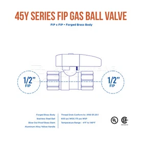 Midline Valve Premium Brass Gas Ball Valve, Yellow FIP Connections (pack of 5)