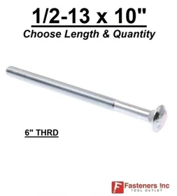 1/2-13 x 10" Carriage Bolts A307 Grade 2 Zinc Plated "Coach Screws" 1/2"-13