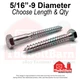 5/16"-9 Hex Lag Screws A307 Grade A Zinc Clear (Choose Length & Qty)