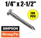 (Qty 200) Simpson SDS Screws 1/4" x 2 1/2" SDS25212 Heavy Duty Connector Screw